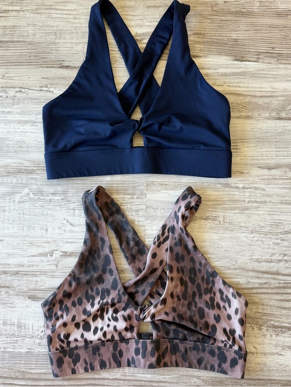 Fabletics twist front, Cross-Back Bralette Duo - Solid Navy & Leopard Print